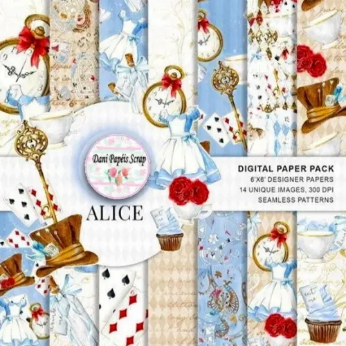 Kit Papel Digital Alice 14 Papéis Scrap (somente Papéis)