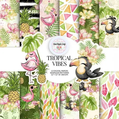 KIT PAPEL CLIPART TROPICAL FLAMINGO E TUCANO