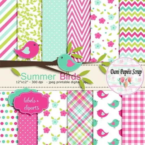 Kit Papel Digital e Cliparts Scrap Summer Birds
