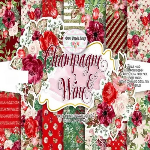 Papel Digital Aquarela Champagne e Vinho 16 papéis scrapbook