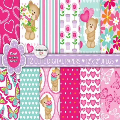 Papel digital Scrap Cute Ursinho 12 papéis