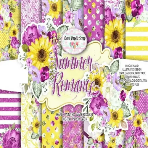 Papel Digital Scrap Luxo Girassol 15 Papéis Amarelo e Rosa