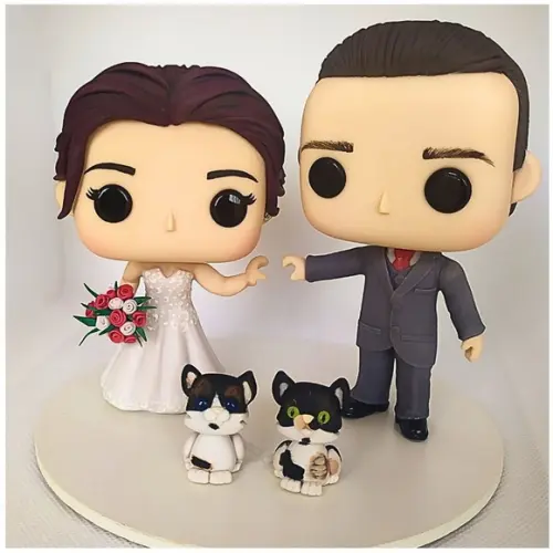 Topo de Bolo Noivinhos em Biscuit + 2 Gatos- Funko Pop