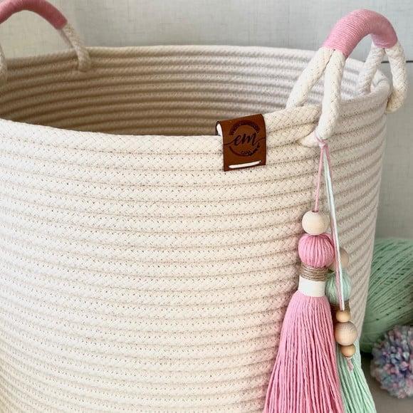 Cesto de corda de algodão com alça e tassel duplo