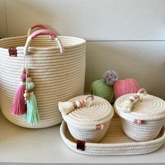 Cesto de corda de algodão com alça e tassel duplo