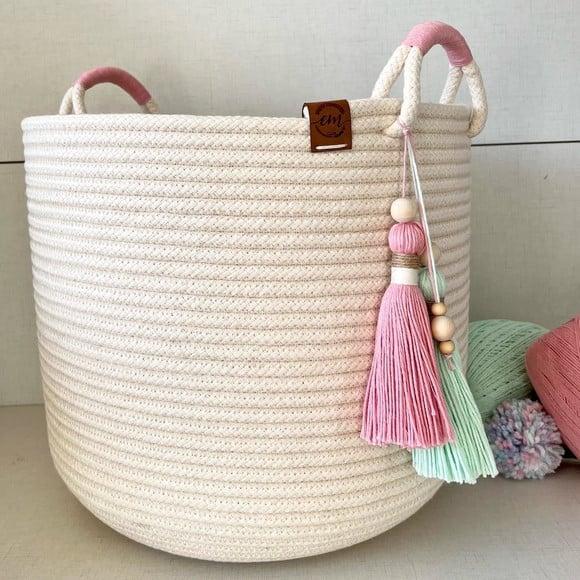 Cesto de corda de algodão com alça e tassel duplo