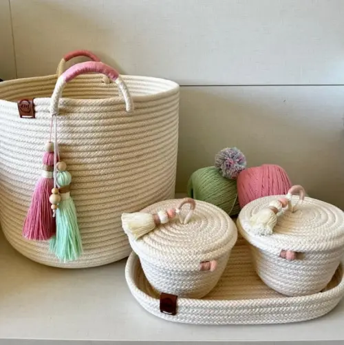 Cesto de corda de algodão com alça e tassel duplo