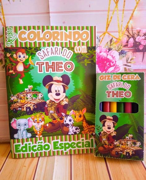 Revistinha Colorir Mickey Safari +giz Cera Personaliza 20x15