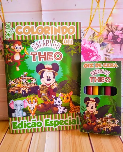 Revistinha Colorir Mickey Safari +giz Cera Personaliza 20x15