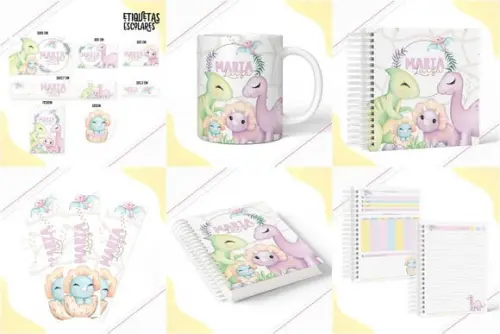 Arquivo de Corte Etiqueta Escolar Dino Baby Menina