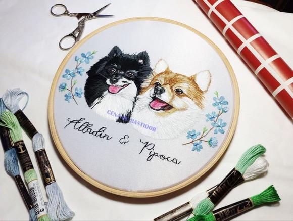 Retrato Bordado 2 Pets - Bordado Animais de Estimação - 20cm