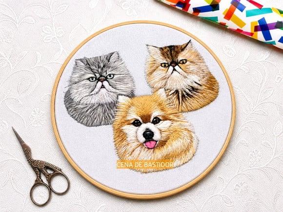 Retrato Bordado 3 Pets- Bordado Animais de Estimação 20cm
