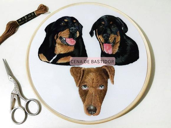 Retrato Bordado 3 Pets- Bordado Animais de Estimação 20cm