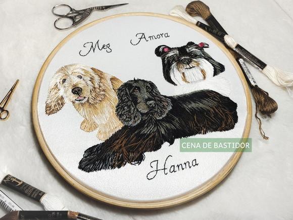 Retrato Bordado 3 Pets- Bordado Animais de Estimação 20cm