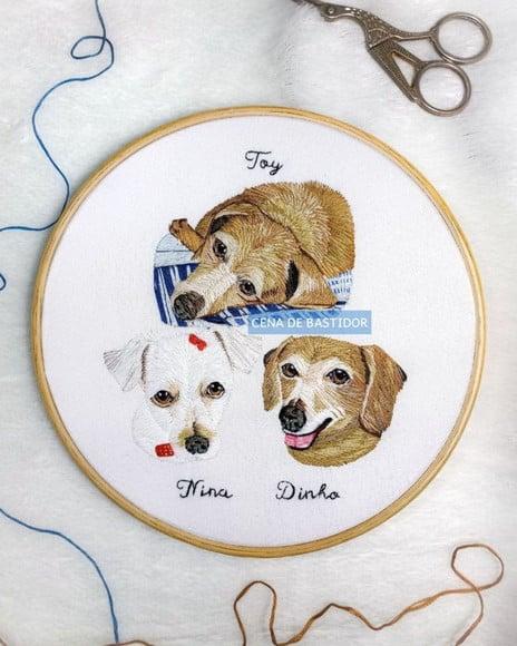 Retrato Bordado 3 Pets- Bordado Animais de Estimação 20cm