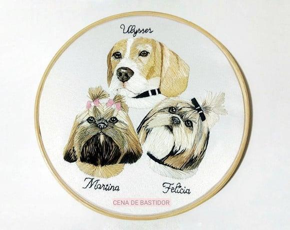 Retrato Bordado 3 Pets- Bordado Animais de Estimação 20cm