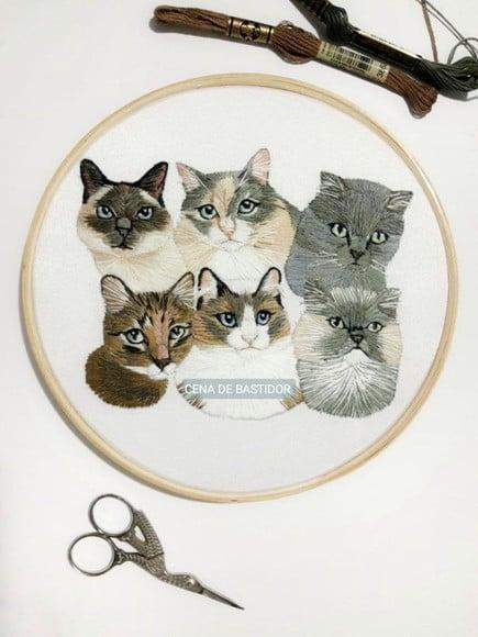 Retrato Bordado 6 Pets - Bordado Animais de Estimação - 20cm