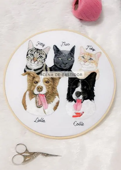 Retrato 5 Pets - Bordado Animais de Estimação - 20cm
