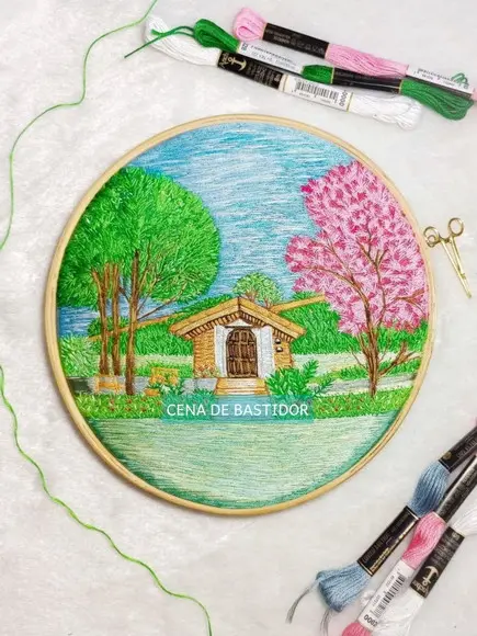 Quadro Paisagem Bordado a Mão