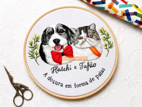 Retrato Bordado 2 Pets - Bordado Animais de Estimação - 20cm
