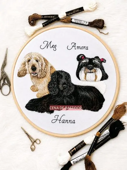 Retrato Bordado 3 Pets- Bordado Animais de Estimação 20cm