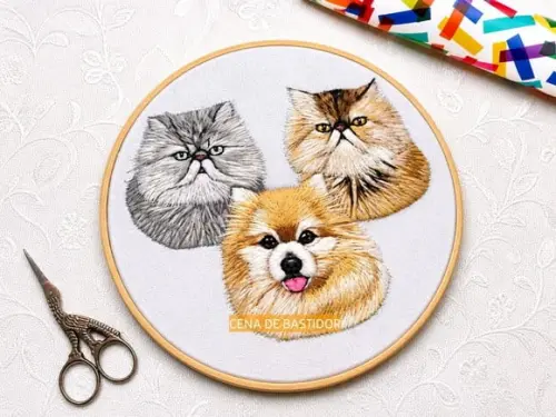 Retrato Bordado 3 Pets- Bordado Animais de Estimação 20cm