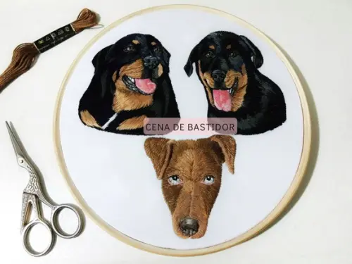 Retrato Bordado 3 Pets- Bordado Animais de Estimação 20cm