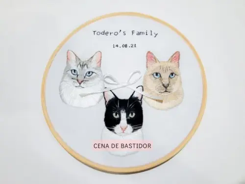 Retrato Bordado 3 Pets- Bordado Animais de Estimação 20cm