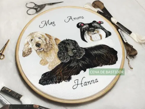 Retrato Bordado 3 Pets- Bordado Animais de Estimação 20cm