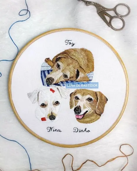 Retrato Bordado 3 Pets- Bordado Animais de Estimação 20cm