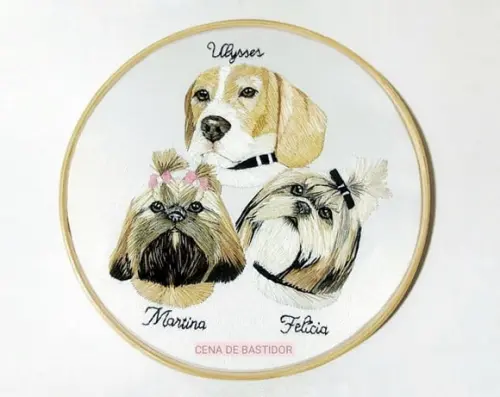Retrato Bordado 3 Pets- Bordado Animais de Estimação 20cm