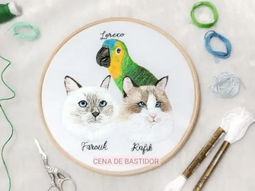 Retrato Bordado 3 Pets- Bordado Animais de Estimação 20cm