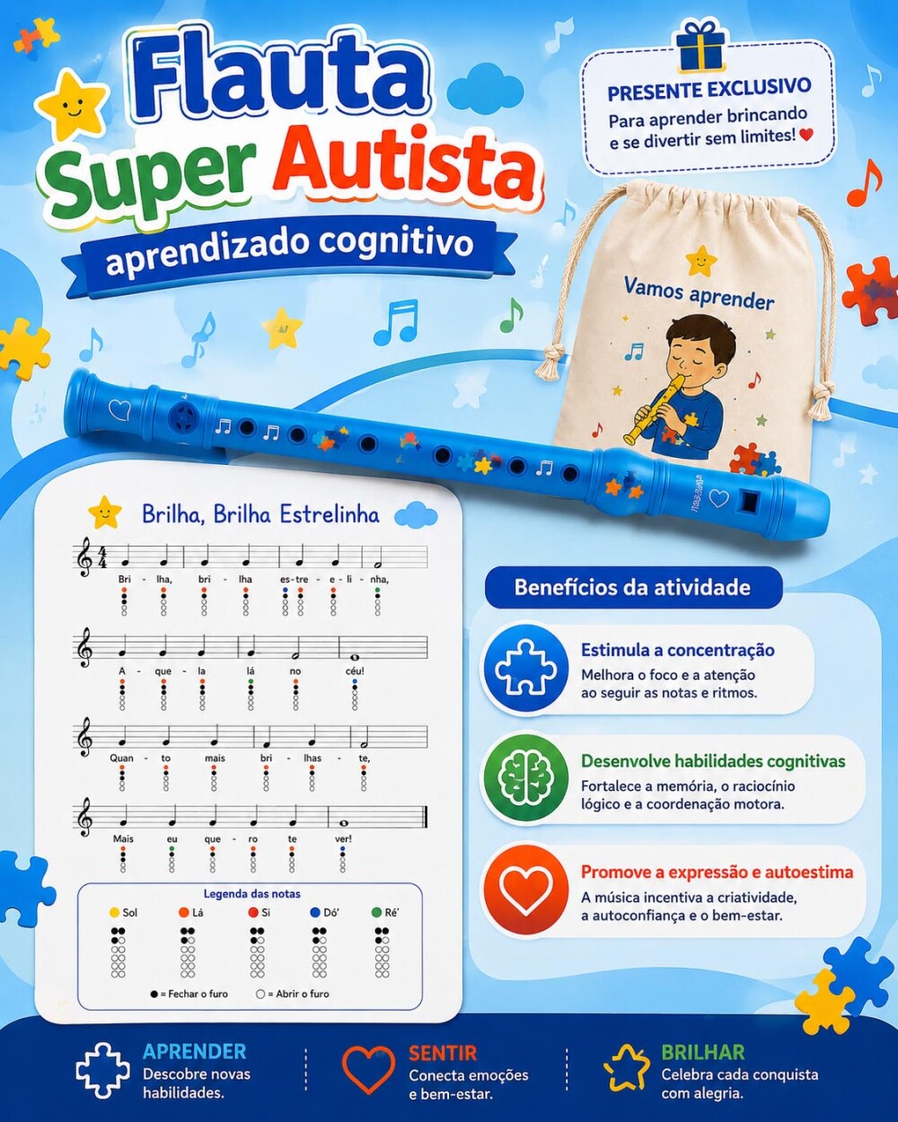 Abafador Sensorial Infantil protetor 14 db + Flauta super autista