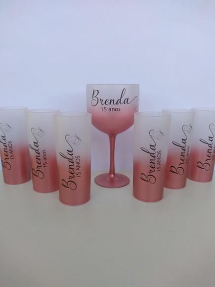 30 Long Drink e 15 Taças Gin Rosê Gold Personalizados