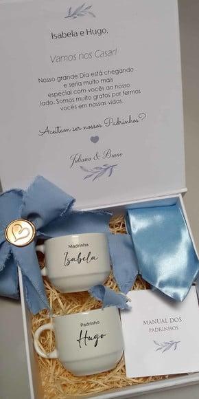 Caixa Padrinhos Azul Serenity com Xícaras, Gravata e Manual