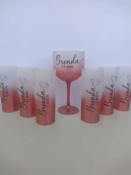 30 Long Drink e 15 Taças Gin Rosê Gold Personalizados