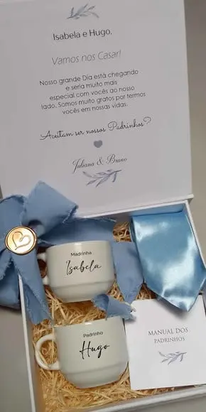 Caixa Padrinhos Azul Serenity com Xícaras, Gravata e Manual