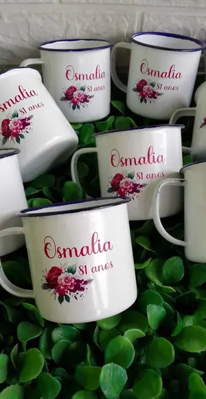 Canecas Esmaltadas Personalizadas 300ml Borda Azul