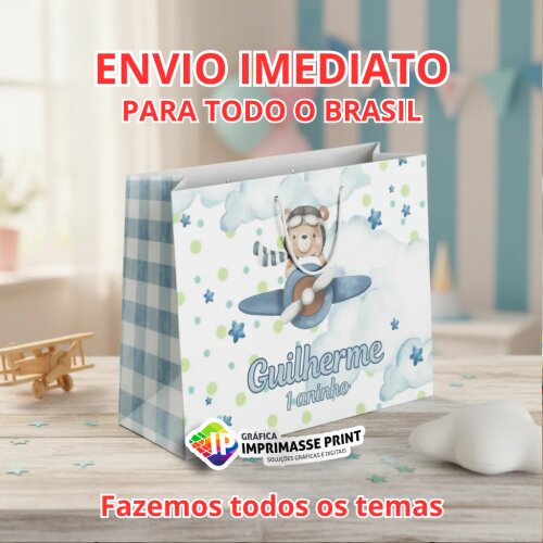 10 Sacola Personalizada - Sacolinha Ursinho Aviador