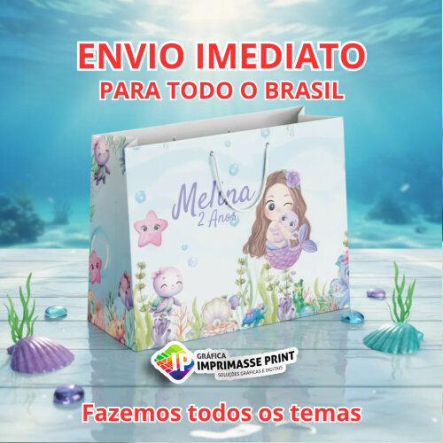 10 Sacola Personalizada - Sacolinha Sereia Fundo do Mar