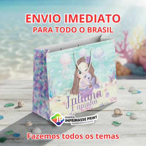 10 Sacola Personalizada - Sacolinha Sereia Fundo do Mar