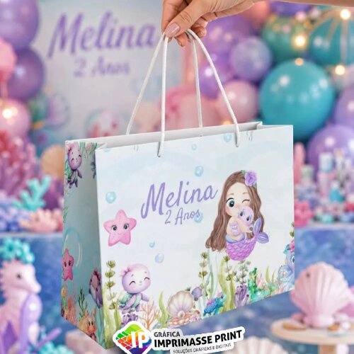 10 Sacola Personalizada - Sacolinha Sereia Fundo do Mar