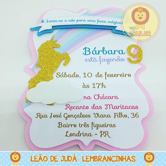 Convite Diamante tema Unicórnio