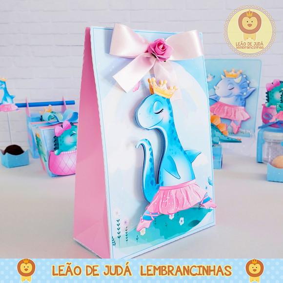 Sacolinha para festa tema dino rosa