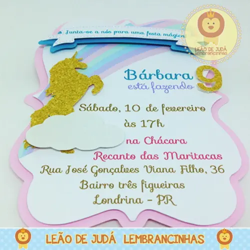 Convite Diamante tema Unicórnio