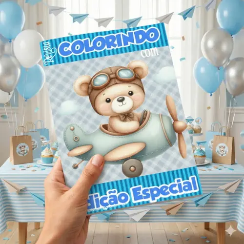Revistinha para Colorir Urso Aviador - Lembrancinha
