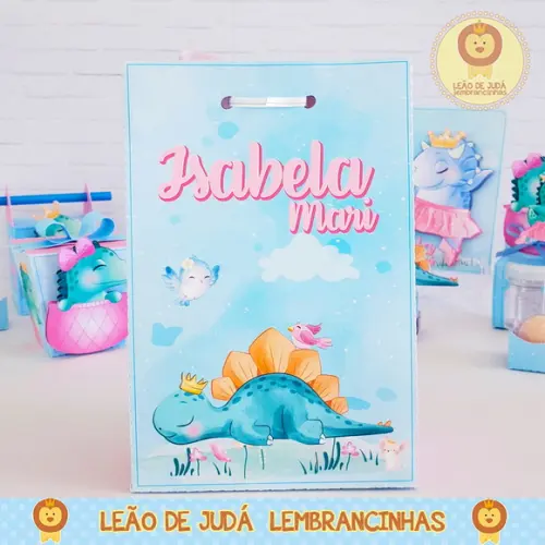 Sacolinha para festa tema dino rosa