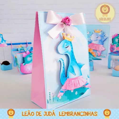 Sacolinha para festa tema dino rosa