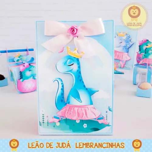 Sacolinha para festa tema dino rosa