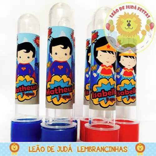 Tubete adesivado 13cm tema Mulher Maravilha / Super Man